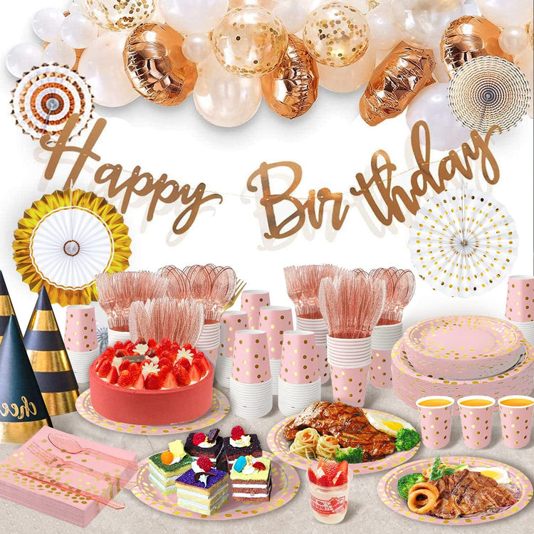 350PCS Pink and Gold Party Supplies (350 Count)
