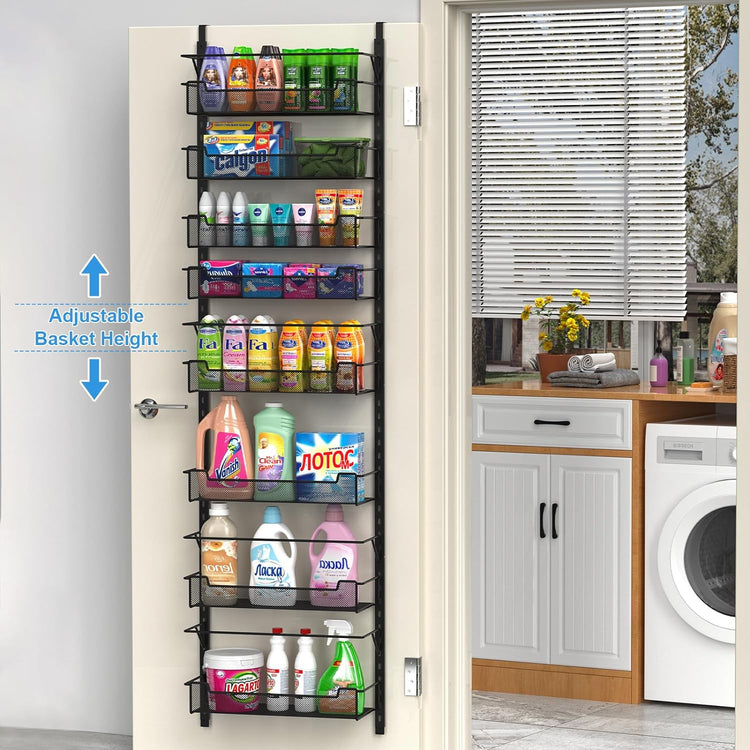 Over the Door Pantry Organizer, 8-Tier Over the Door Organizer with Adjustable Basket, Pantry Door Organization for Pantry Kitchen Storage Room Spice Rack, Black