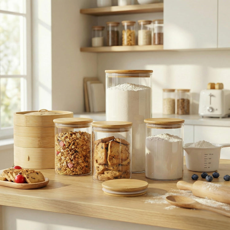 132oz Large Glass Storage Containers with Bamboo Lids for Flour & Sugar (2 Count)