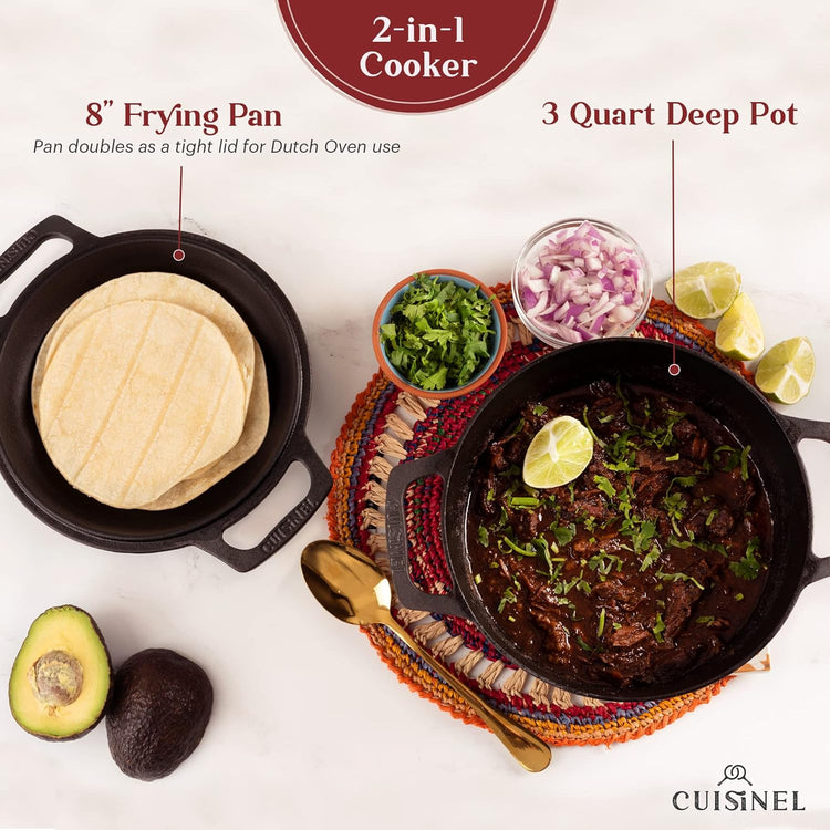 Cuisinel Cast Iron Dutch Oven - 3-Quart Deep Pot - Pre-Seasoned 2-in-1 Multi-Cooker - Combo Lid Doubles as 8"-inch Skillet Frying Pan + Silicone Handle Covers + Scraper - Use for Baking Bread - Nestoria