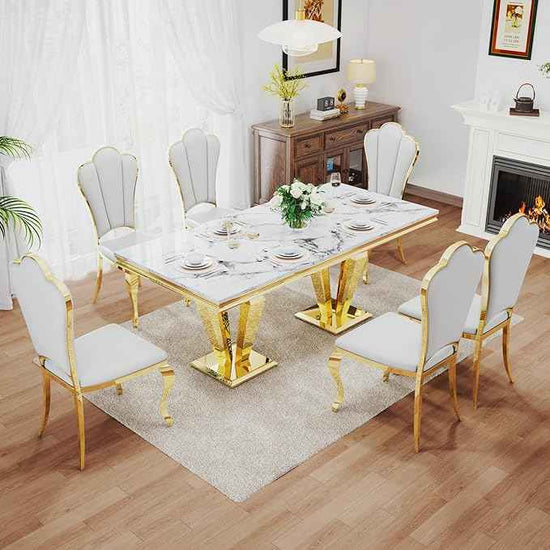 AF ARTISAN FURNITURE 7 Piece Luxury Dining Room Set, Modern Dining Table and Upholstered Chairs Set, Marble Kitchen Table Set for 6, Big Kitchen Dinner Tables Kit with Gold Base