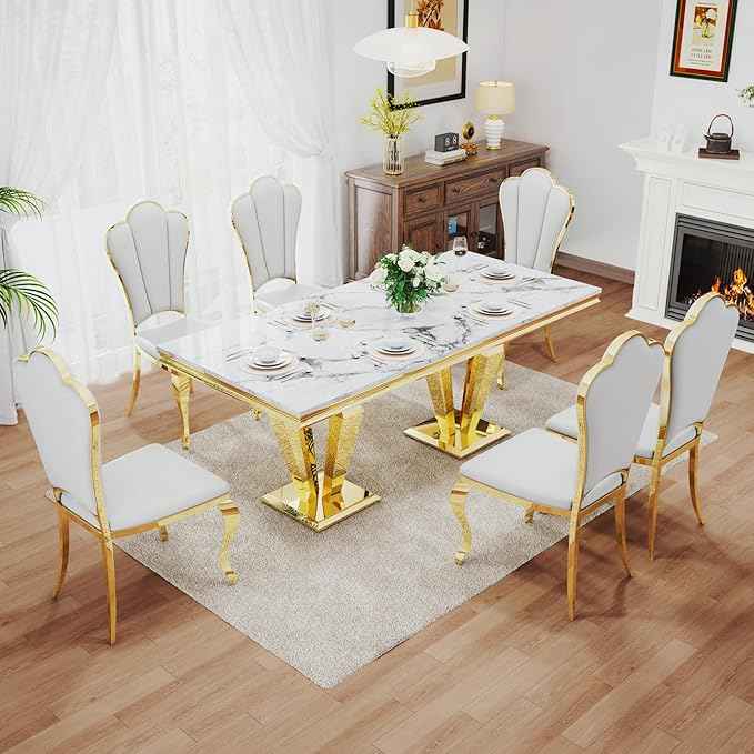 AF ARTISAN FURNITURE 7 Piece Luxury Dining Room Set, Modern Dining Table and Upholstered Chairs Set, Marble Kitchen Table Set for 6, Big Kitchen Dinner Tables Kit with Gold Base