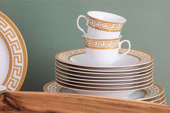 Porcelain Dinnerware Set for 8 - Luxurious 49 Piece Dish Set - White and Gold Greek Key Design - Dinner Plates, Bowls, Cups and Saucers for Everyday Dishes or Formal Occasions (Meander Gold 2049)