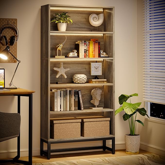 Tribesigns Tall Bookcase Bookshelf, 70.8" Large Bookcases Organizer with LED Lights, Heavy Duty Free-Standing Library Bookshelf with 5-Tier Storage Shelves for Living Room, Bedroom (Gray)