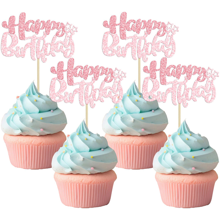 24Pcs Pink Light Pink Happy Birthday Cupcake Toppers for Baby Shower (24 Count)