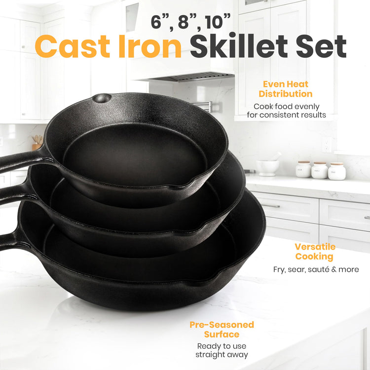 Cast Iron Skillet Set 3 Piece 6 8 10 Inch PFAS (3 Count)
