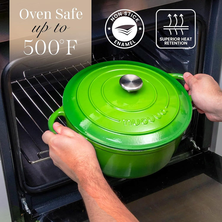 Nuovva Enamelled Cast Iron Dutch Oven Pot with Lid – 6.4 Quart Non Stick Casserole Pot – Heavy Duty & Oven Safe up to 500° F for Bread Baking, Braising, Stews, Roasting – 28cm Green - Nestoria
