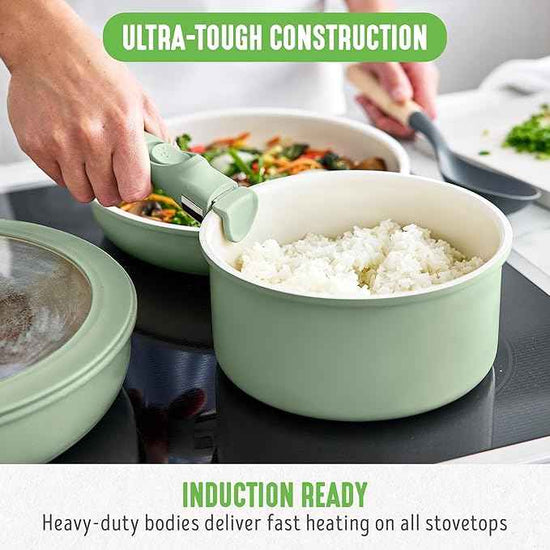GreenLife 10 Piece Nonstick Pots & Pans Set, Detachable Handle & Stackable Cookware Set, Non Toxic PFAS-Free Skillets, Induction Kitchen Pans, Space Saving, Serving Bowls, Oven Safe, Sage Green