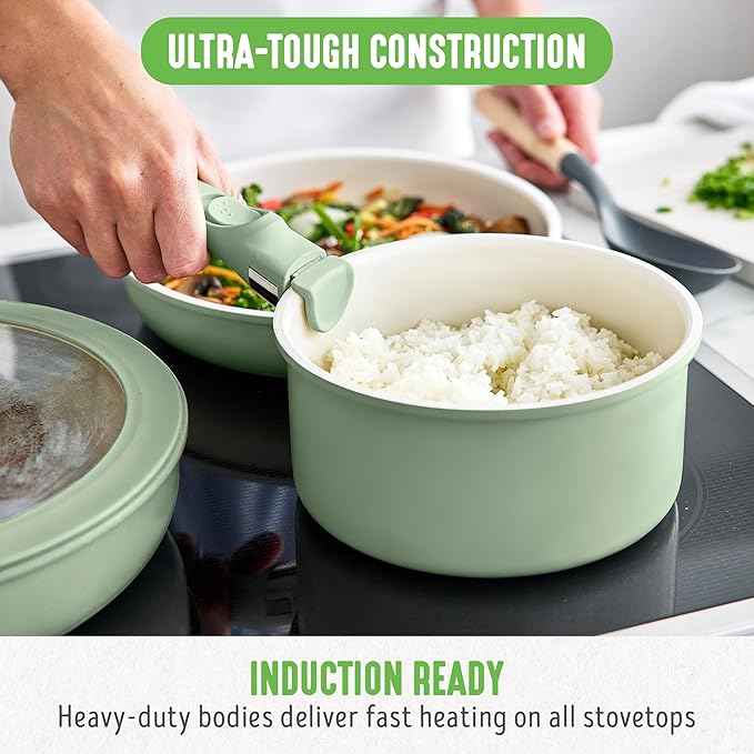 GreenLife 10 Piece Nonstick Pots & Pans Set, Detachable Handle & Stackable Cookware Set, Non Toxic PFAS-Free Skillets, Induction Kitchen Pans, Space Saving, Serving Bowls, Oven Safe, Sage Green