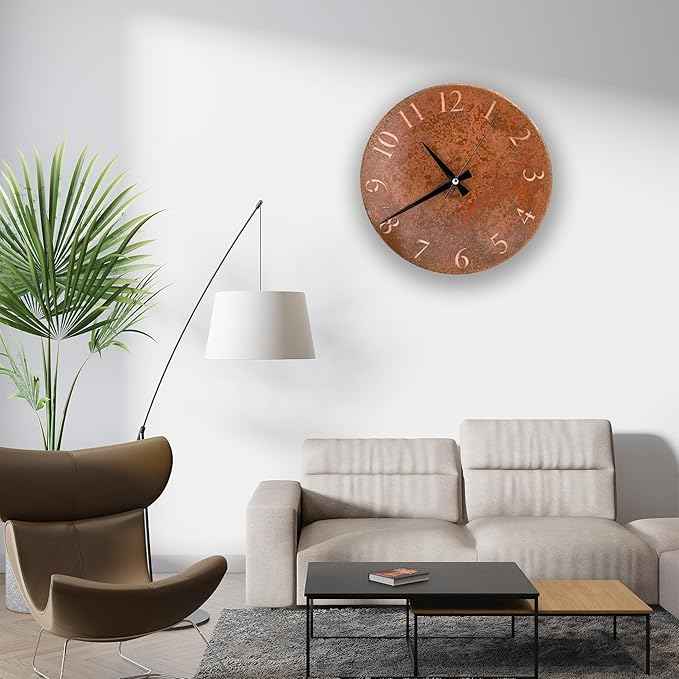 Handmade Pure Copper Wall Clock for Home Decoration, Decor Clock for Living Room, Bedroom and Kitchen, Rustic Decorative Mural Clock Art for Farmhouse (Rusty Numbers, 17.7)
