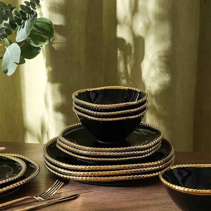 Christian Siriano Akoya Porcelain Dinnerware Set, 12-Piece - Dish Set for 4, Plates and Bowls Set, Black and Gold