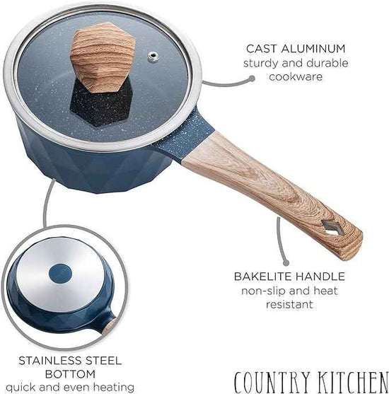 Country Kitchen Non-Stick Cast Aluminum Cookware Set - Durable Kitchen Cookware for Everyday Cooking, Navy Diamond, 11 Pc.