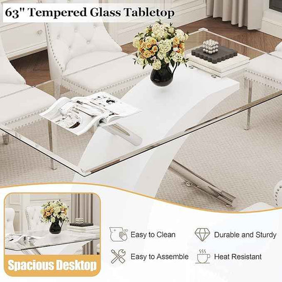 7 Piece Glass Dining Table Set for 6, 63" Modern Kitchen Table with 6 White Velvet Chairs, Tempered Glass Tabletop with White X-Shaped MDF Base, Modern Dining Room Set for Kitchen and Dining Room