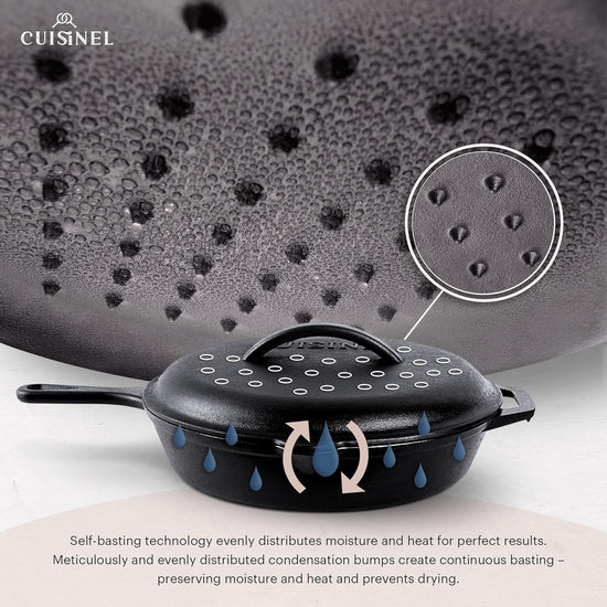Cuisinel Cast Iron Skillet with Lid - 12"-inch Pre-Seasoned Covered Frying Pan Set + Silicone Handle & Lid Holders + Scraper/Cleaner - Indoor/Outdoor, Oven, Stovetop, Camping Fire, Grill Safe Cookware - Nestoria