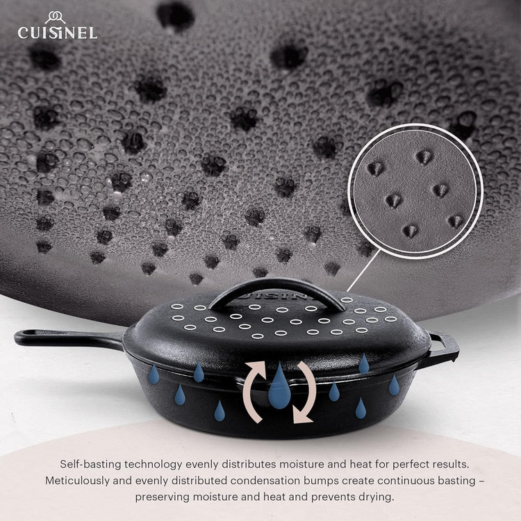 Cuisinel Cast Iron Skillet with Lid - 12"-inch Pre-Seasoned Covered Frying Pan Set + Silicone Handle & Lid Holders + Scraper/Cleaner - Indoor/Outdoor, Oven, Stovetop, Camping Fire, Grill Safe Cookware - Nestoria