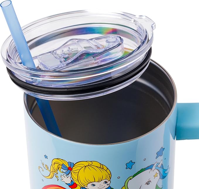 Silver Buffalo Rainbow Brite Featuring Starlite Stars Double Walled Stainless Steel Tumbler with Handle and Straw, Fits in Standard Cup Holder, 40 Ounces