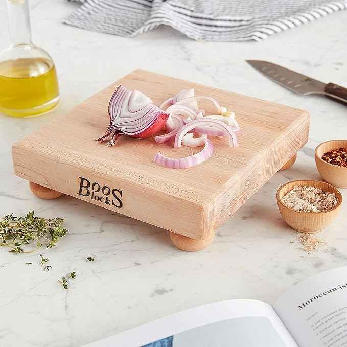 John Boos B Series Square Wooden Maple Cutting Board 9”x9” – 1.5” Thick, 3.7-lb Non-Reversible Butcher Block with Wood Bun Feet & Edge-Grain