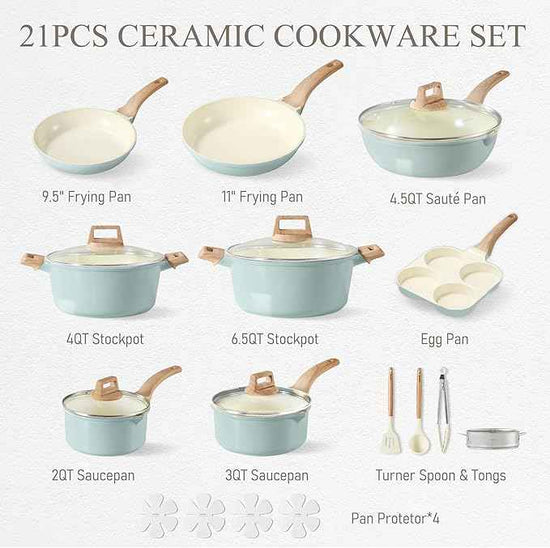 CAROTE 21-Piece Ceramic Pots and Pans Cookware Set, Non Stick Induction Cook Ware Kitchen Cooking Set Non-Toxic Health, PFAS Free