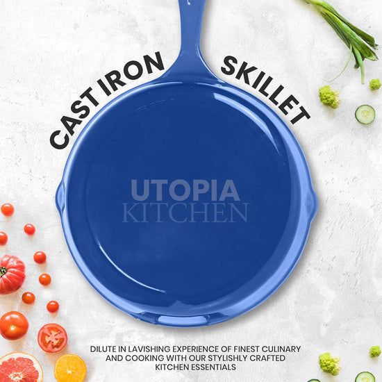 Utopia Kitchen Cast iron Skillets 3 Piece Set, Chefs Pan, Pre Seasoned Cast iron Skillets, 6, 8 & 10 Inches, Easy Use in the Oven, Stove, Grill, or Campfire, Blue - Nestoria