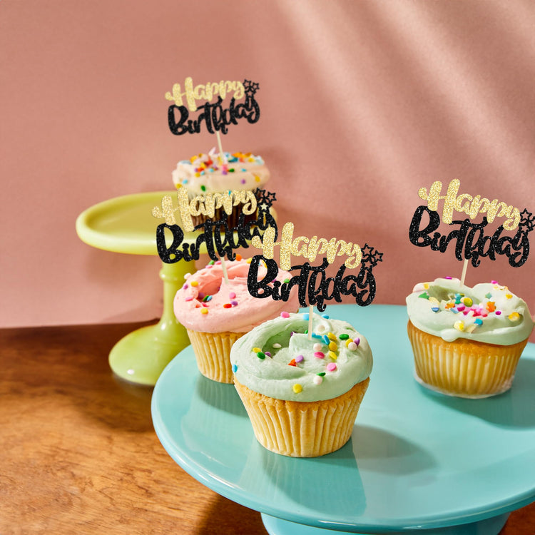 24Pcs Happy Birthday Cupcake Toppers Double Layer Glitter Happy Birthday Cake Decorations for Celebrating Baby Shower Theme Kids Boys Girls Birthday Party Cake Decorations Supplies Black Gold (24 Count)