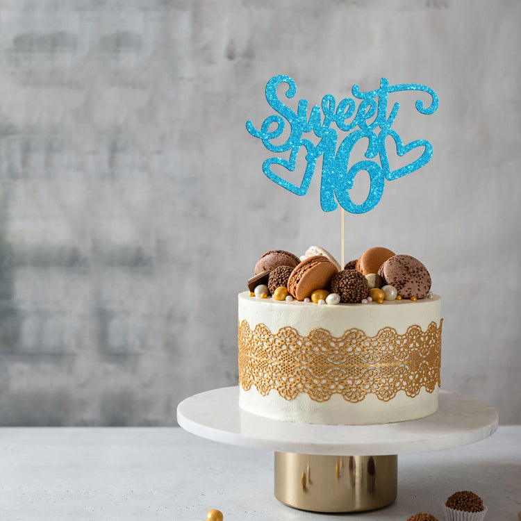 1Pc Sweet Teenager 16 Cake Topper Glitter 16th Birthday Cake Pick for Cheers to 16 Years Old 16th Birthday Party Cake Decorations Supplies Light Blue