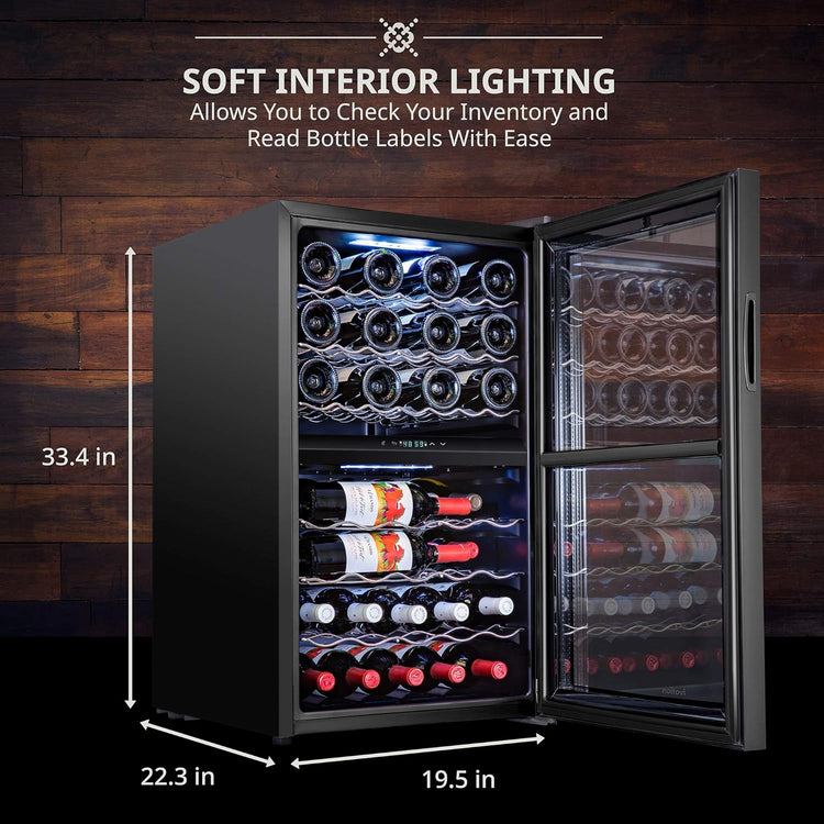 Ivation 43 Bottle Dual Zone Wine Cooler Refrigerator w/Lock | Large Freestanding Wine Cellar For Red, White, Champagne & Sparkling Wine | 41f-64f Digital Temperature Control Fridge Glass Door Black