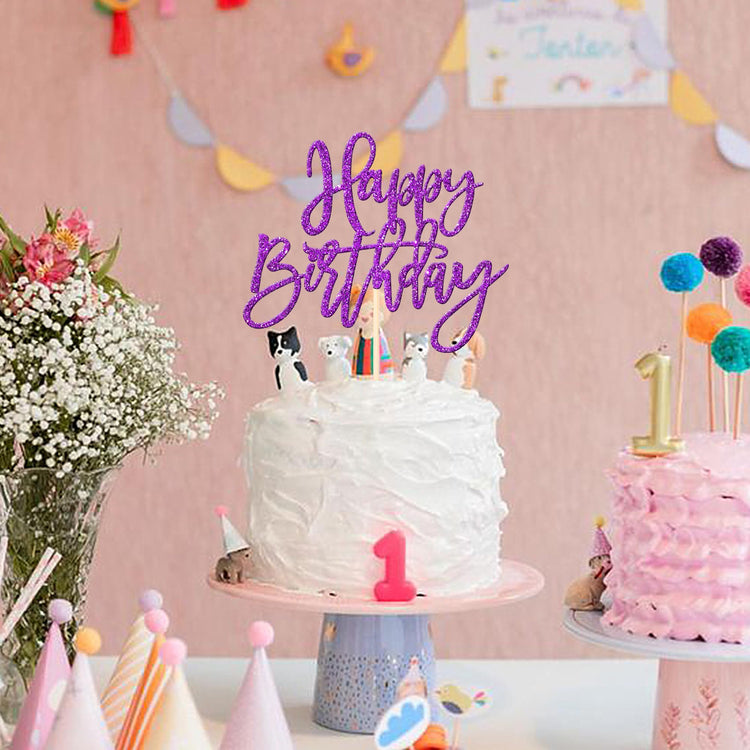 1 PCS Happy Birthday Cake Topper Glitter Happy Birthday Cake Pick for Celebrating Happy Birthday Anniversary Theme Party Cake Decorations Supplies Purple