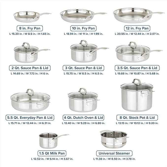 Viking 3-Ply Pots and Pans Set, 17 Piece Stainless Steel Cookware Glass Lids, Steamer Insert, Silver
