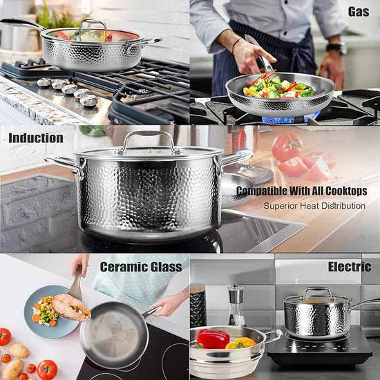 imarku Pots and Pans Set, 14PCS Kitchen Cookware Sets Tri-Ply Clad Stainless Steel with Hangered Handle and Lids, Suits Ceramic and Induction, Oven and Dishwasher Safe, Best Gifts for Women Man
