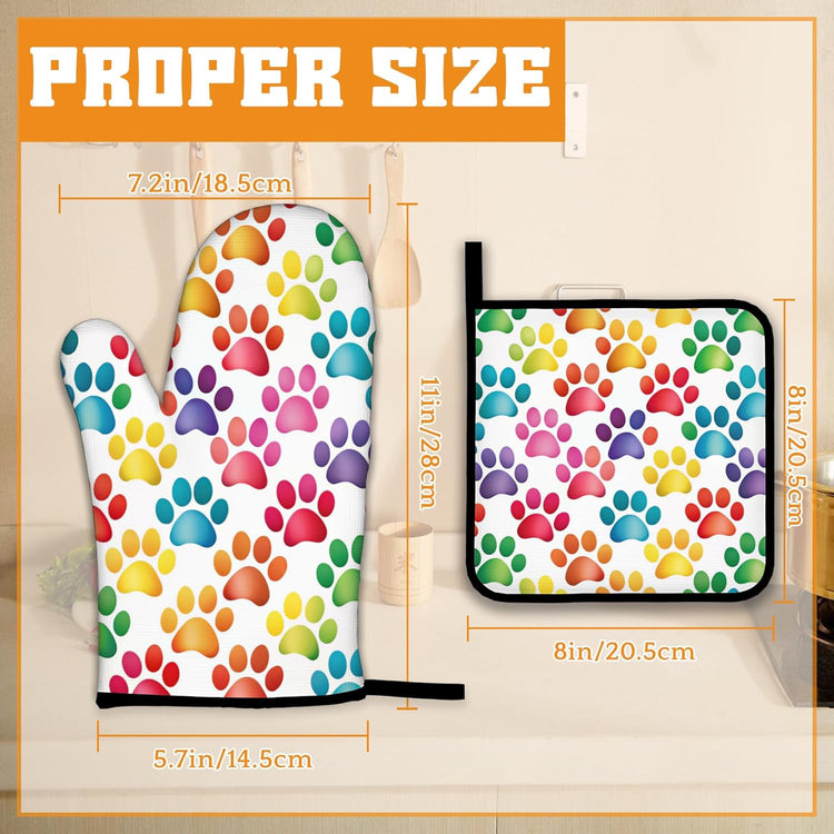 Cat Dog Paw Oven Mitts and Pot Holders Set,Rainbow Kitchen Decor Heat Resistant Non Slip Hot Pads and Oven Mitt for Chef Cooking Baking BBQ Mom Girl Gifts(4 Piece Set)