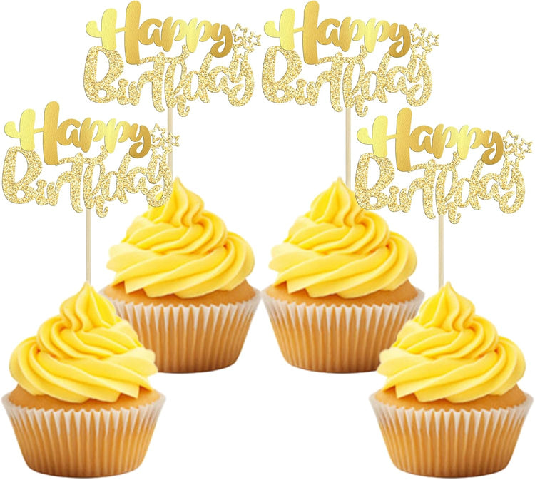 Ephlyn 24Pcs Gold Metallic Happy Birthday Cupcake Toppers for Birthday, Baby Shower & Anniversary Parties