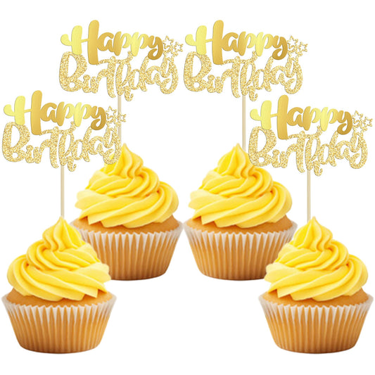 24Pcs Gold Metallic Happy Birthday Cupcake Toppers for Birthday (24 Count)