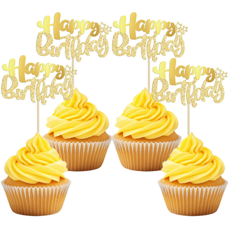 24Pcs Gold Metallic Happy Birthday Cupcake Toppers for Birthday (24 Count)