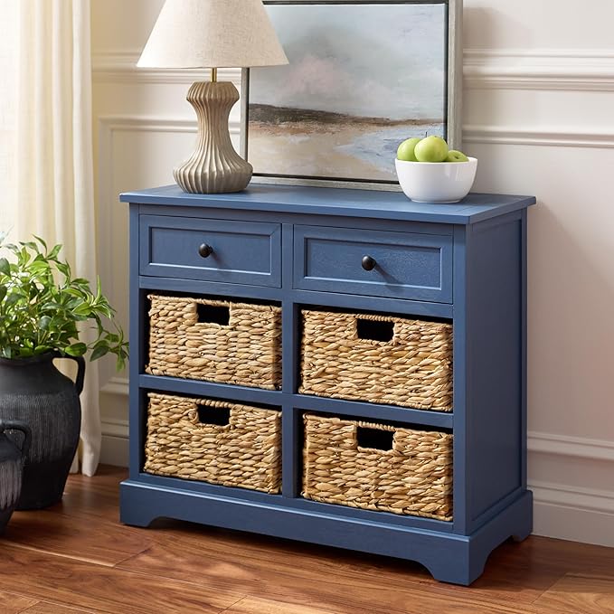 SAFAVIEH Home Collection – Herman Blue Storage Unit, 2-Drawer 4-Basket Mixed-Material Organizer, Fully Assembled (AMH5702K)