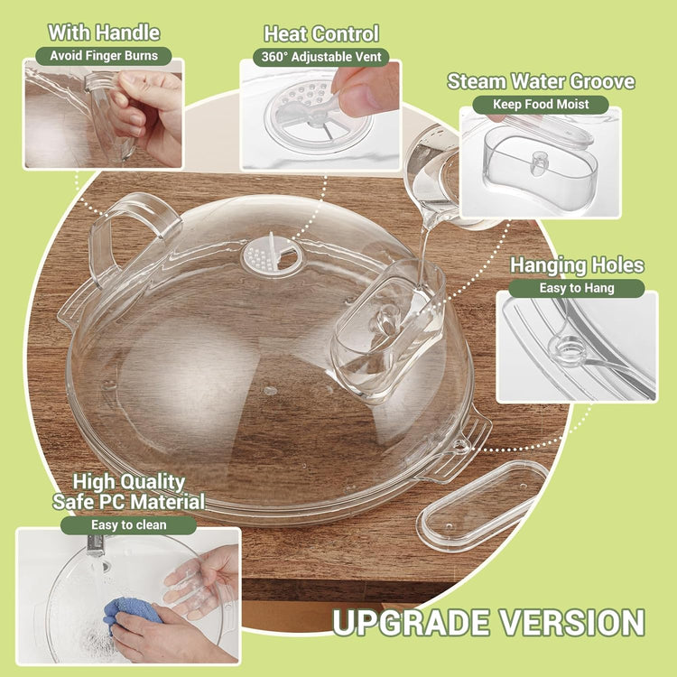 WENWELL Microwave Splatter Cover with Water Steamer,Protect Food Splashes,Dish Bowl Plate Serving Lid with Handle,BPA-Free,Clear Safe Plastic,Microwave Cover for Food,10 Inch