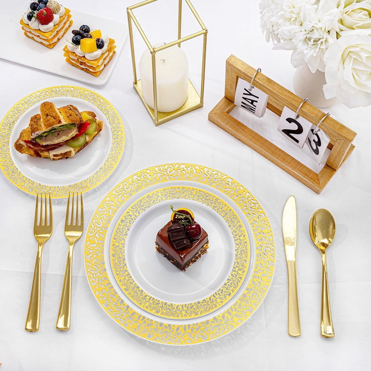 I00000 200 Pieces White and Gold Plastic Plates, Disposable Plastic Plates for 100 Guests Include: 100 Pcs Dinner Plate 10.25” and 100 Pcs Dessert Plate 7.5” with Gold Lace Rim Perfect for Party