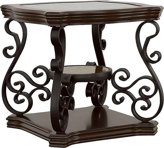 Coaster Home Furnishings - Laney - 1-Shelf Glass Top Rectangular End Table with Metal Legs, Scrollwork Design and Polished Wood Surface - Living Room - 26-Inch - Dark Merlot - 702447