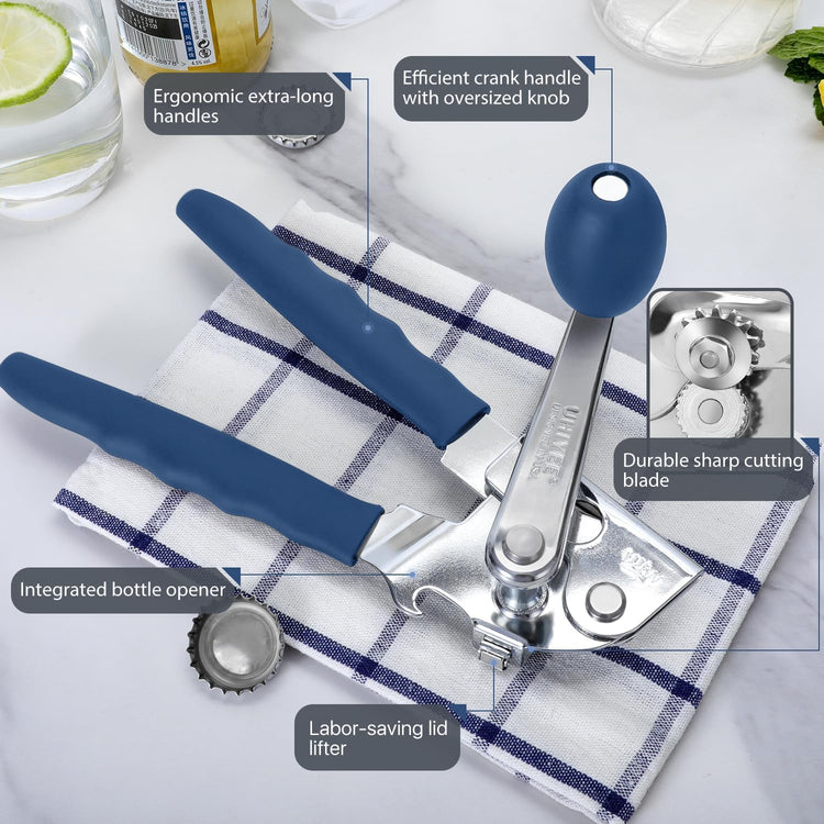 Commercial Can Opener, UHIYEE Hand Crank Can Opener Manual Heavy Duty with Comfortable Extra-long Handles, Oversized Knob, Large Handheld Can Open Easy for Big Cans, Blue