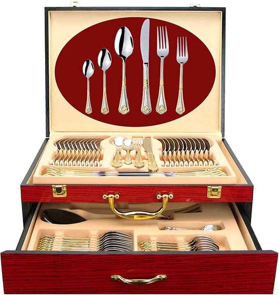 75-Pc Luxury Flatware Set for 12 w/Storage Case 24K Gold Premium Dining Cutlery Service - 18/10 Surgical Stainless Steel Silverware Hostess Serving Set in a Chest