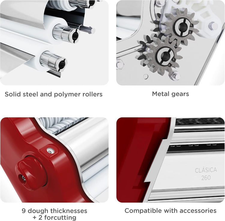 PASTALINDA Classic 260 Pasta Maker Machine, 26 cm Wide Rollers, 9 Thickness Positions, 2 Cutting Positions, Stainless Steel. Includes Reinforced Hand Crank And Two Clamps (Bordeaux)