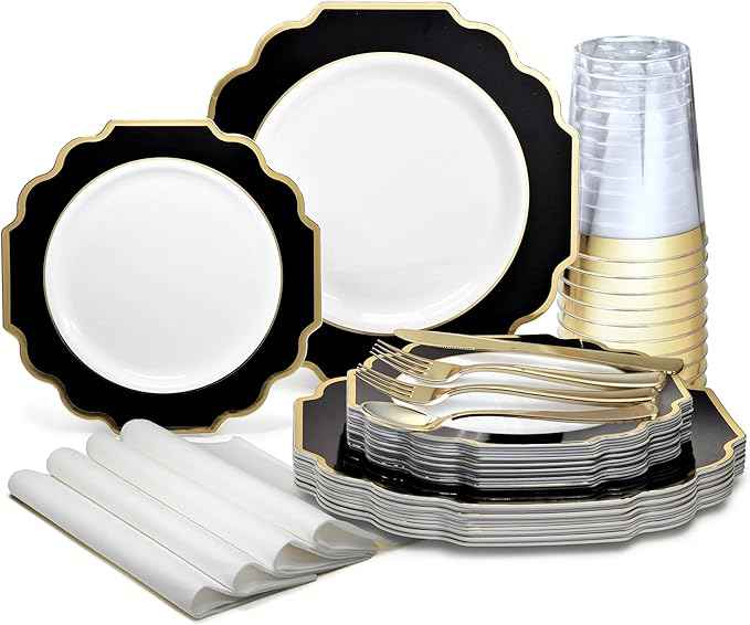 " OCCASIONS " 960 Piece set (120 Guests)-Heavyweight Wedding Party Disposable Plastic Plate Set - 120 x 10.5'' + 120 x 8'' + Silverware + Cups + Napkins (Imperial in White & Black & Gold)