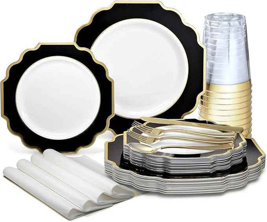 " OCCASIONS " 200 Piece set (25 Guests)-Wedding Plastic Plates & cutlery -Disposable heavyweight Dinnerware 10.5'', 8''+Silverware + Cups + Napkins (Imperial in White & Black & Gold)