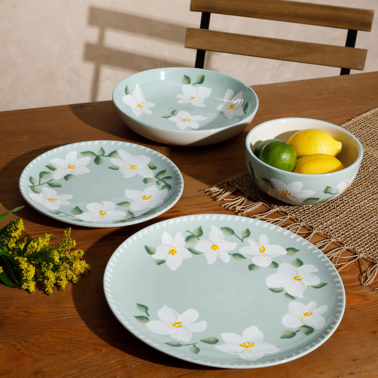 Magnolia Bloom 16 Piece Double Bowl Hand Painted Stoneware Plates and Bowls Floral Dinnerware Set