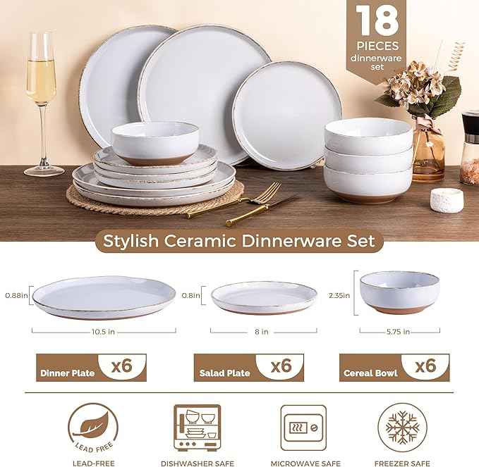 AmorArc Dinnerware Sets for 6, 18 Pieces Stoneware Plates and Bowls Set with Handbrush Rim, Scratch Resistant Dishes Set, Dishwasher & Microwave Safe, White
