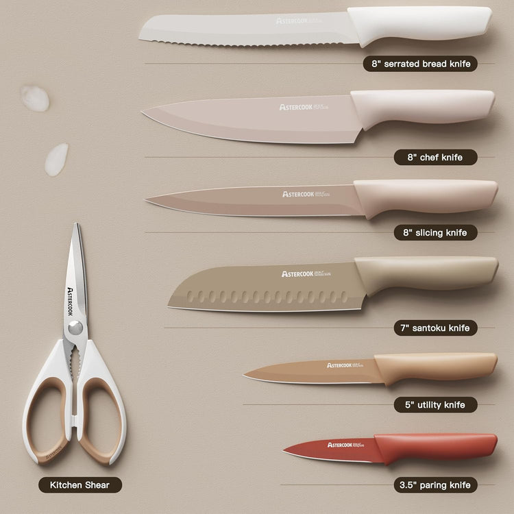 Astercook Knife Set, 13 Pieces Kitchen Knives Set with Healthy Anti-Rust Coating, Dishwasher Safe, Stainless Steel Chef Knife Sets with 6 Blade Guards, Perfect Holiday Gifts for Kitchen