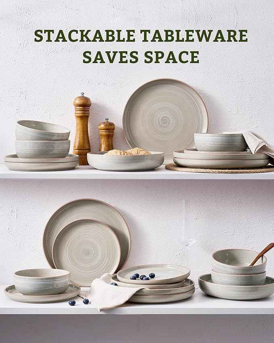Famiware Meteor Plates and Bowls Sets, 18-Piece Stoneware Dinnerware Sets, Dishes Set for 6, Microwave and Dishwasher Safe Tableware, Matcha Green