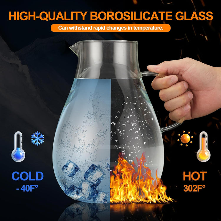 Glass Pitcher with Lid,1 Gallon Glass Water Pitcher Hot/Cold Water Jug, Juice and Iced Tea Beverage Carafe with Lid (Extra-Wide Mouth)