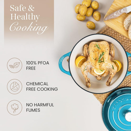 Nuovva Enamelled Cast Iron Dutch Oven Pot with Lid 6.4 Quart Non Stick Casserole Pot – Heavy Duty & Oven Safe up to 500° F for Bread Baking, Braising, Stews, Roasting – 28cm Light Blue - Nestoria