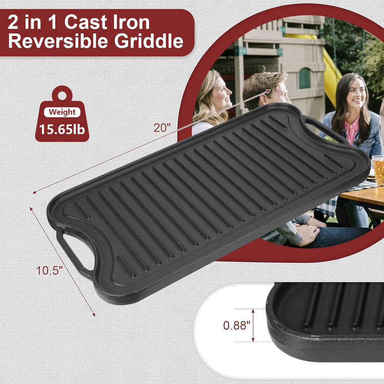 20" x 10.5" Reversible Cast Iron Griddle Pan for 2 Burner Stovetops