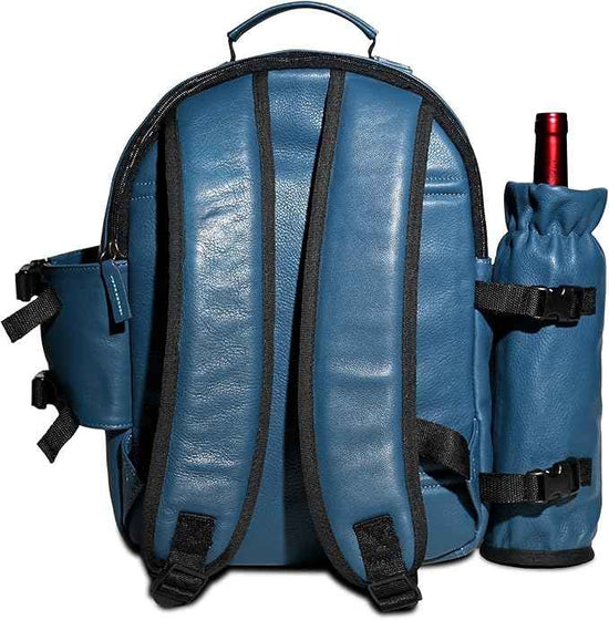 Premium Collection Genuine Leather Picnic Backpack for 4 | Insulated Compartment | Blanket | Dinner Plates | Cutlery Set | Blue